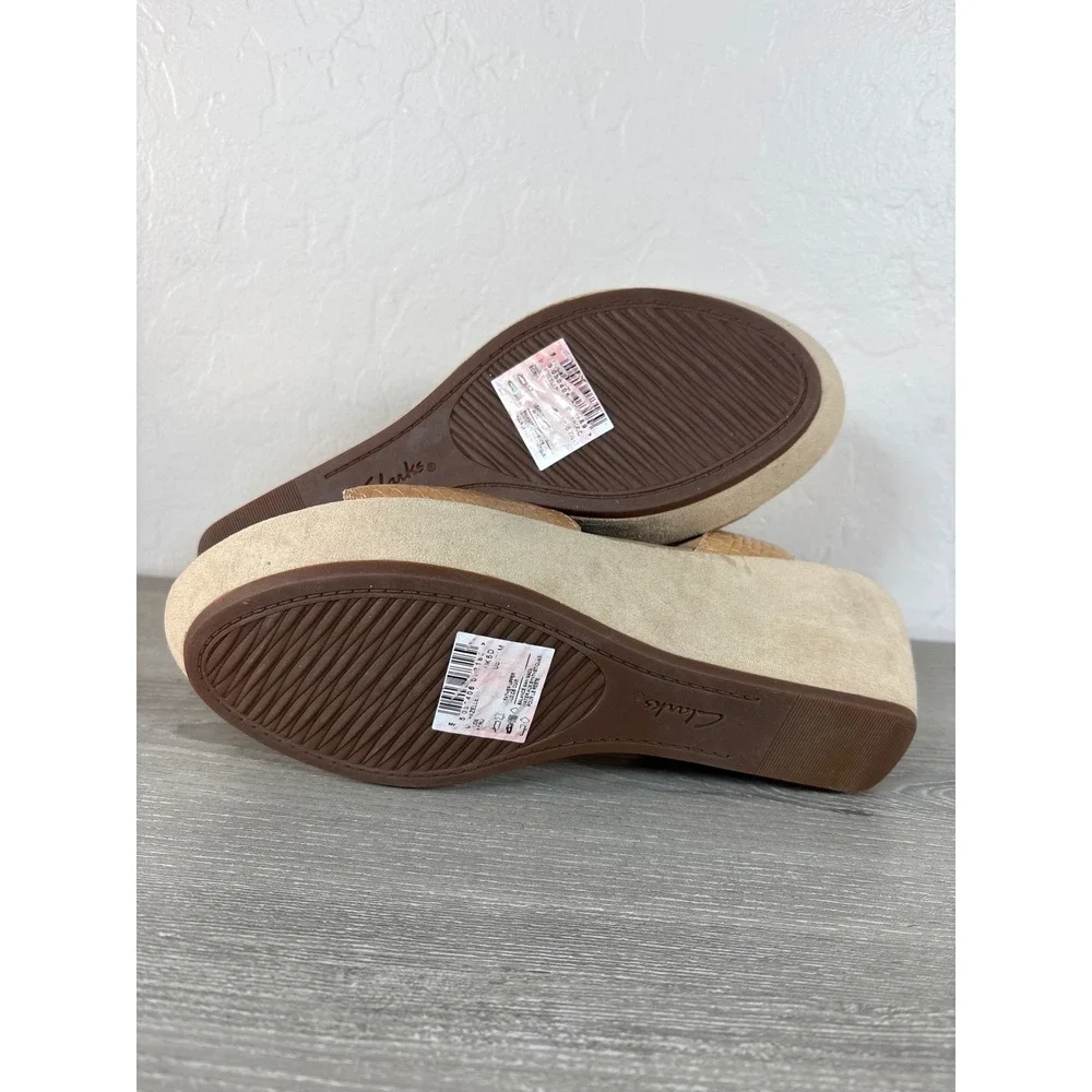 Clarks Collection Hazelle Alba Tan Leather Snake Print Wedge Sandals Size‎ 7.5